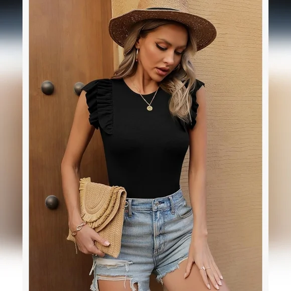 Amazon Missufe Flutter Sleeve Bodysuit Ribbed Black Skims Casual Shapewear - Picture 8 of 16